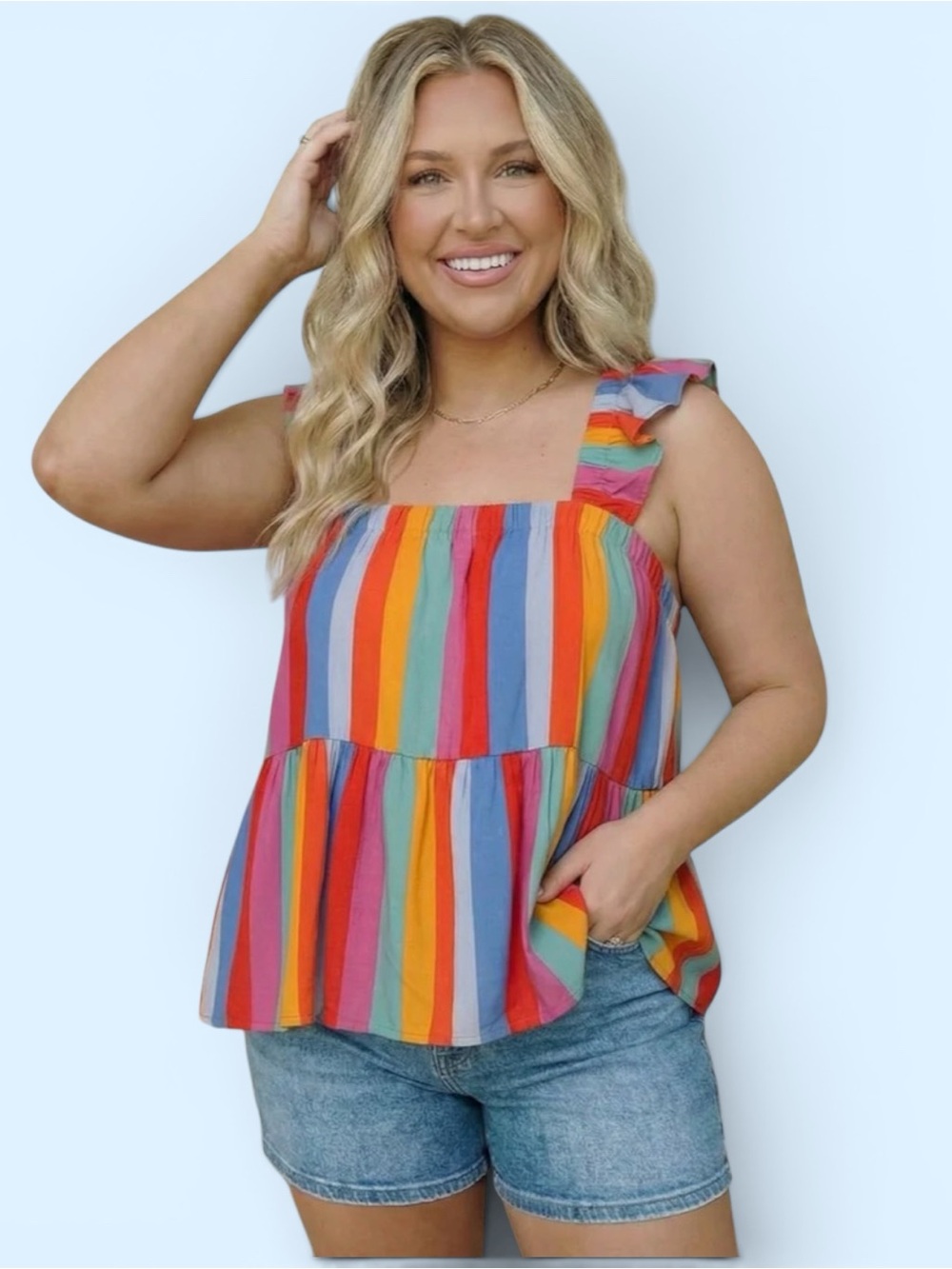 7064. And The Why Women’s Stripe Square Neck Ruffle Tank Top